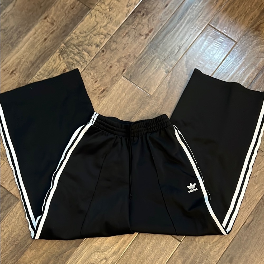 Adidas Black and White Wide Leg Pants with Classic Stripes